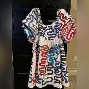 QUEEN OF SPARKLES Red White & Blue Squiggle Sequin Dress NWT